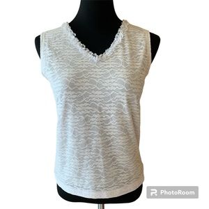 Vintage 90s V-Neck Sleeveless Top Lace Detail Cotton S/M Fairycore Cottagecore